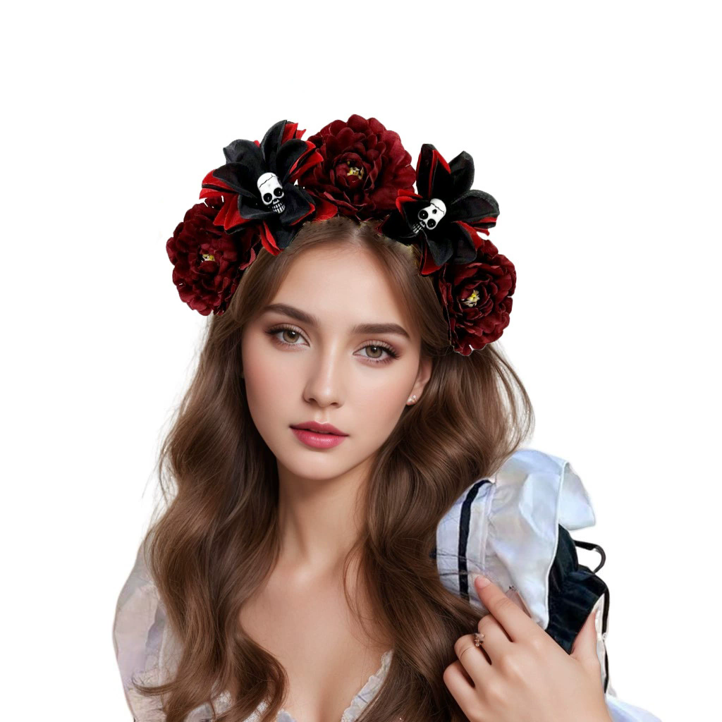 Gothic Flower Skull Headband – Rose Skull Hairband for Women & Girls Halloween Costume Accessory