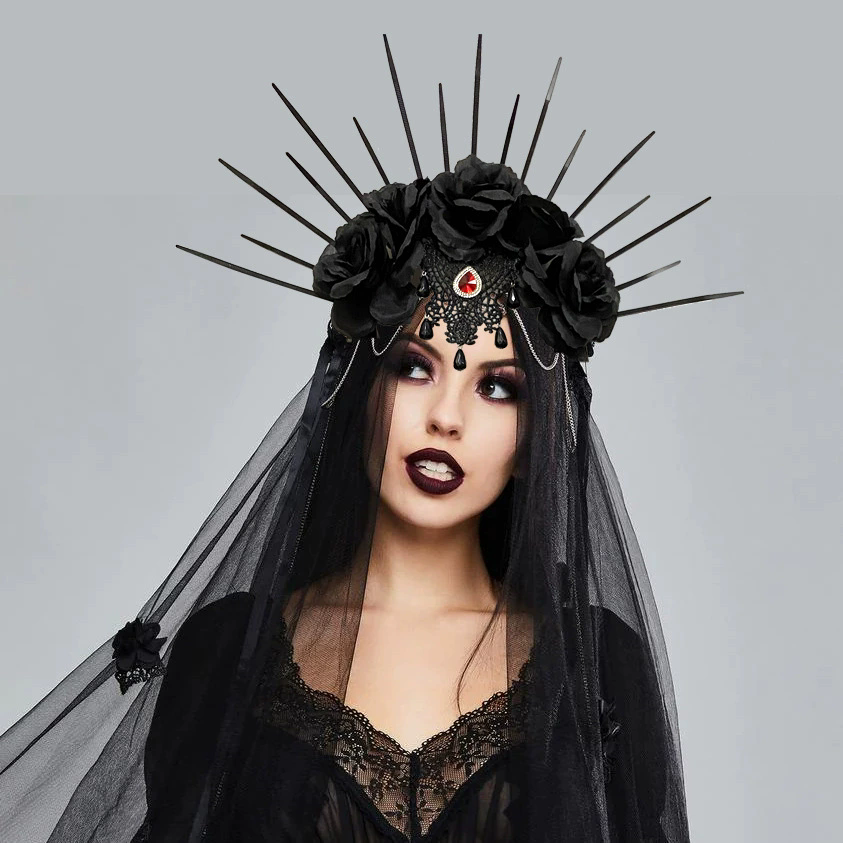 Gothic Crown Headband with Black Rose and Veil – Dark Queen Headpiece for Women Halloween Costume Prop
