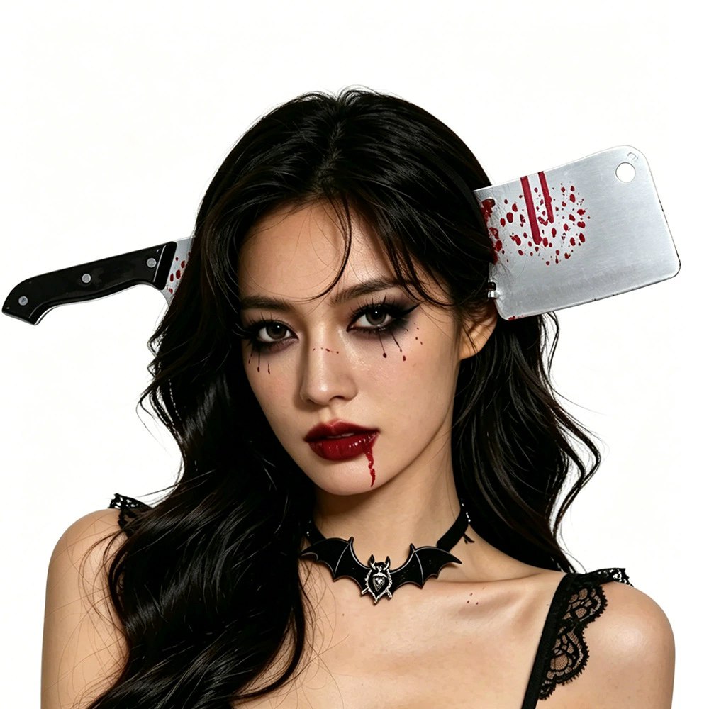 Horror Through Head Knife Headband – Bloody Axe Hairband for Scary Zombie Costume Halloween Party Prop