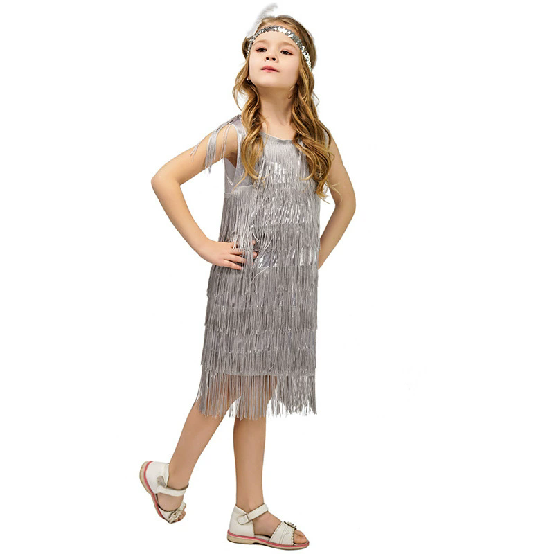 Girls Vintage Latin Dance Costume, Tassel Fringe Skirt for Stage Performance Party Dress