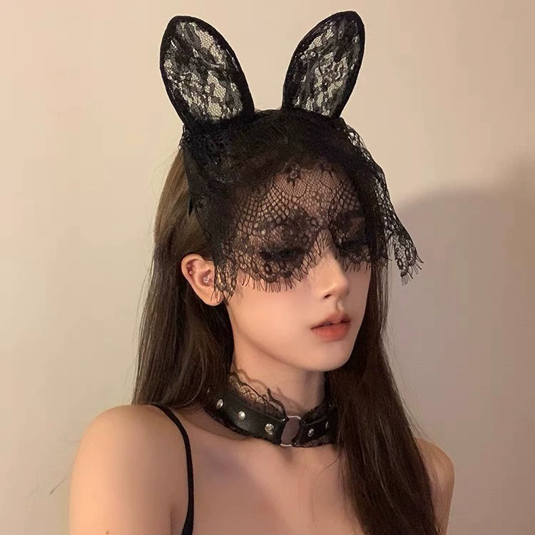 Lace Cat Ear Headband – Sexy Black Lace Kitty Ear Hairband for Women Halloween Costume Prop