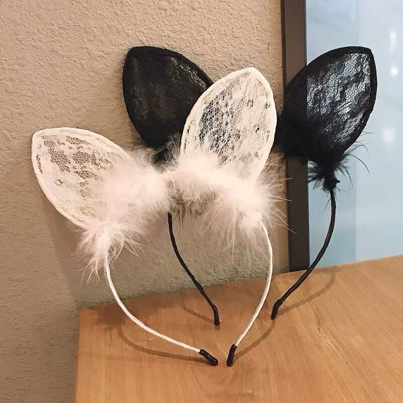 Plush Lace Cat Ear Headband – Fluffy Furry & Lace Kitty Ear Hairband for Women Girls Halloween Costume