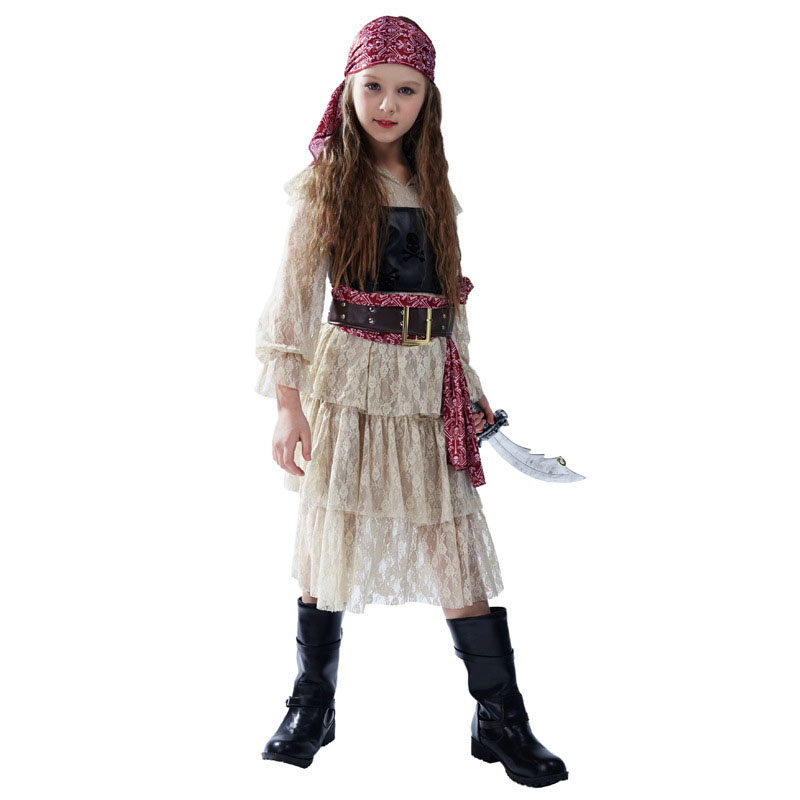 Girls Pirate Costume Halloween, Lace Up Dress with Ruffled Skirt for Cosplay Party