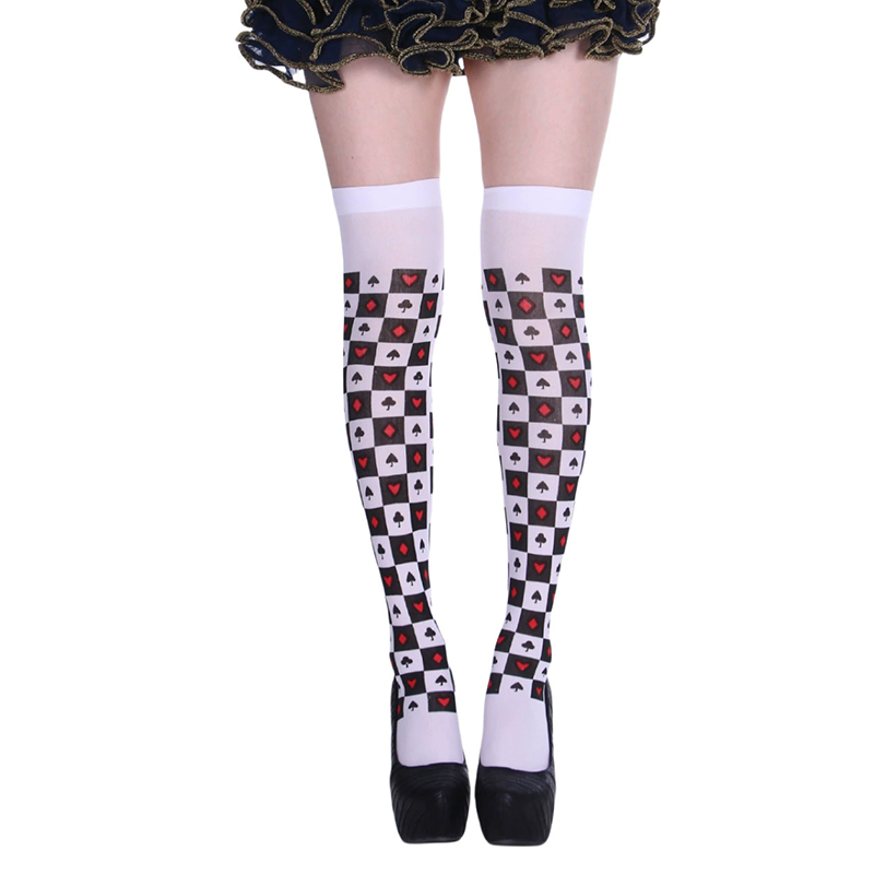 Poker Card Print Thigh High Socks – Halloween Over Knee Stockings with Playing Card Pattern for Women