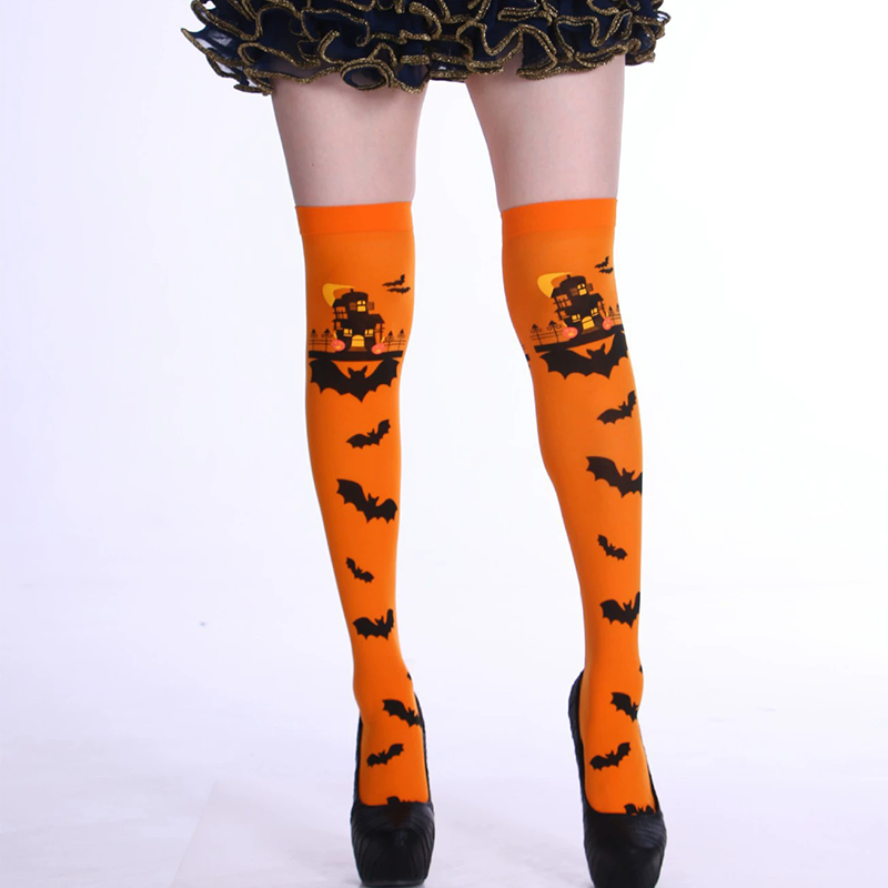 Halloween Bat Pattern Thigh High Socks – Bat Print Over Knee Stockings for Women Costume Prop