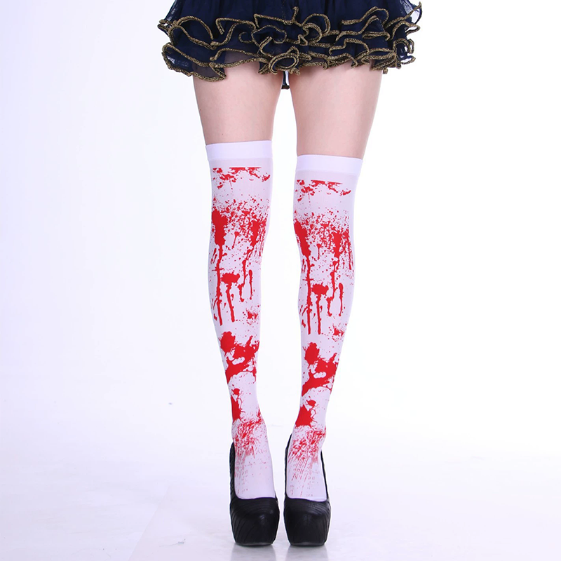 Blood Splatter Over Knee Socks – Halloween Bloody Print Thigh High Stockings for Women Cosplay