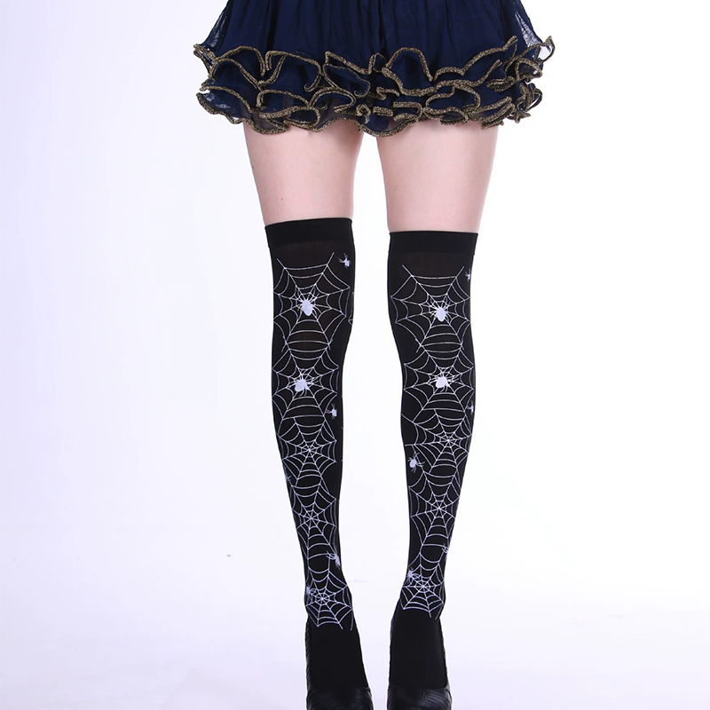 Spiderweb Print Thigh High Socks – Spider Web Over Knee Stockings for Women Halloween Cosplay