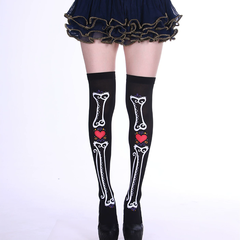 Skeleton Bone Print Thigh High Socks – Skeletal Leg Over Knee Stockings for Women Halloween Costume