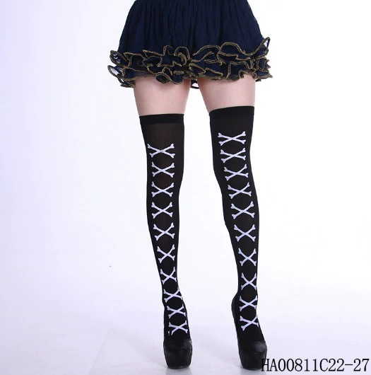 Bone Print Over Knee Stockings – Halloween Thigh High Socks with Bone Pattern for Women