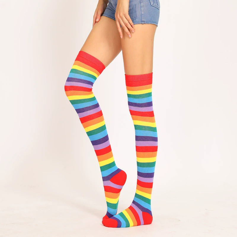 Rainbow Stripe Thigh High Socks – Colorful Over Knee Stockings for Women Halloween Pride Cosplay