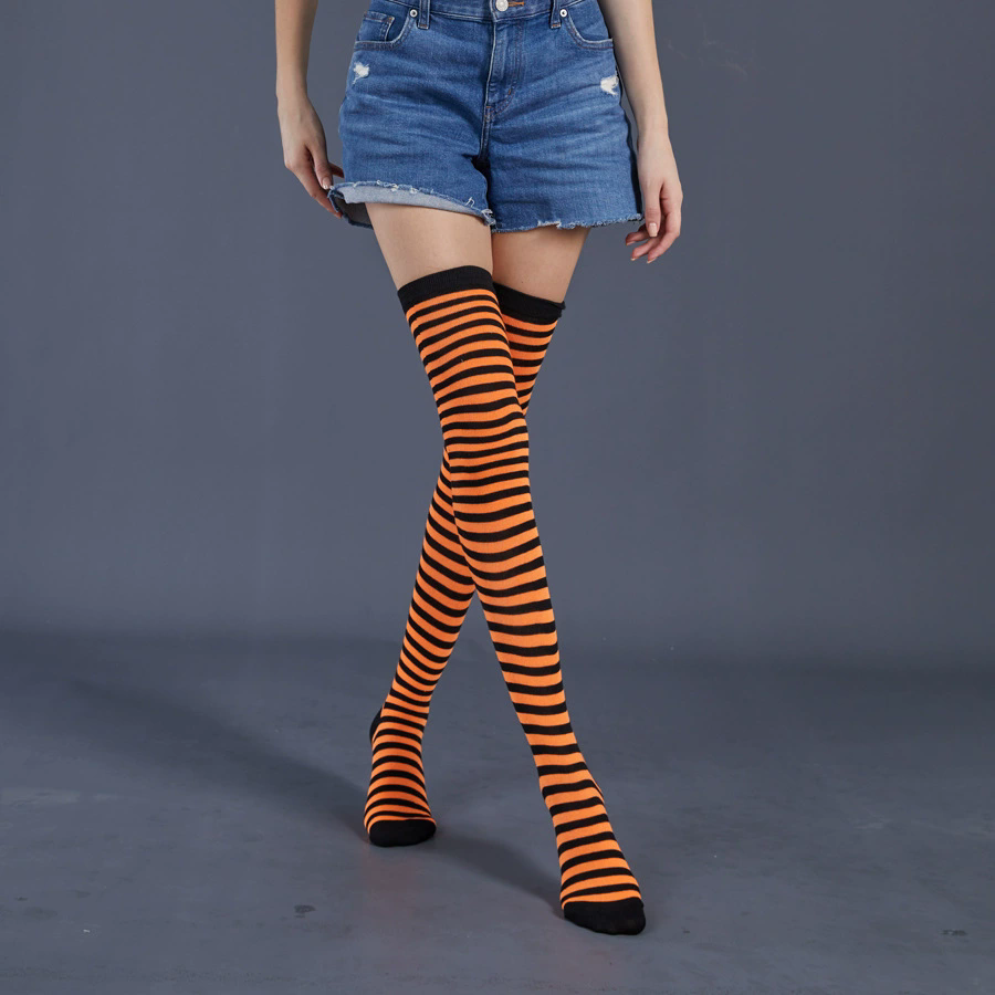 Thin Striped Thigh Highs – Fine Line Horizontal Stripe Over Knee Socks for Women Halloween Party