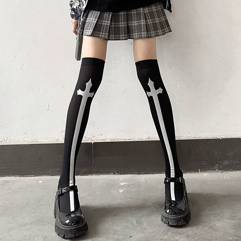 Gothic Punk Halloween Over Knee Socks – Spooky Print Thigh High Stockings for Women Costume Prop