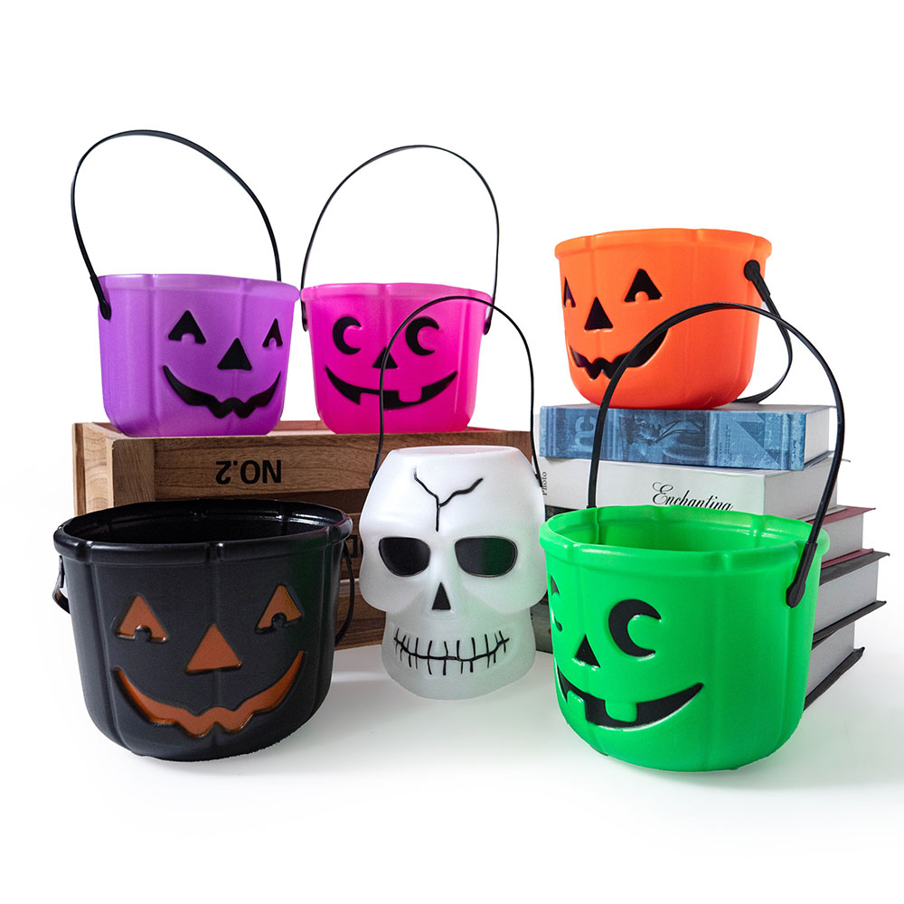 Happy Face Smile Pumpkin Bucket for Halloween Trick or Treat Candy Holder – Jack O Lantern Decorative Prop