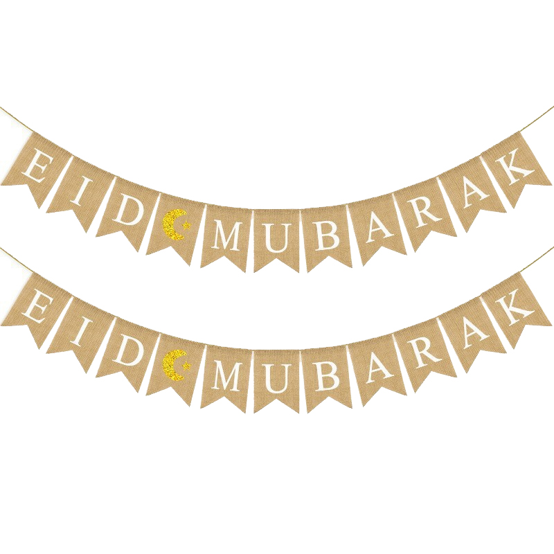 Eid Mubarak burlap banner gold glitter crescent moon white background flat lay