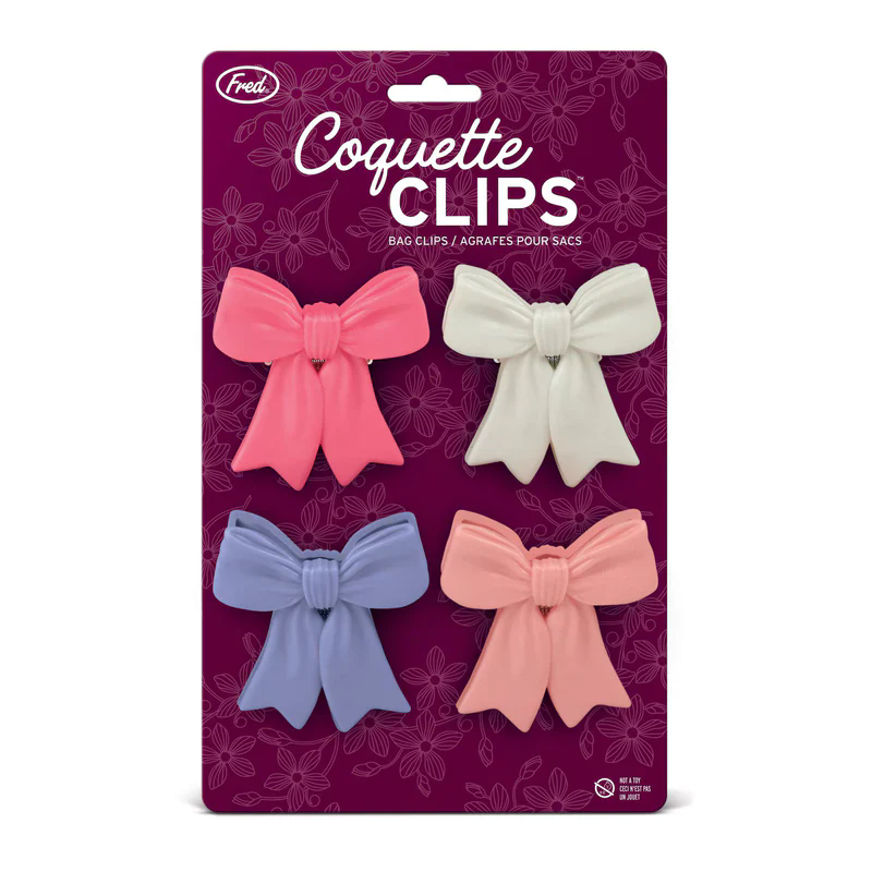 4 pack Fred coquette pastel ribbon bow plastic food bag sealing clips purple floral retail hang display card
close-up coquette ribbon bow bag clip hidden spring clamping structure pastel color surface detail