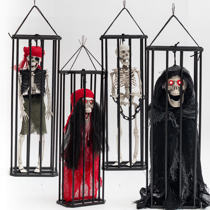 Caged Ghost Pendant with LED – Halloween Hanging Decoration, Funny Prank Prop with Tiny Skeleton Inside Cage for Haunted House
