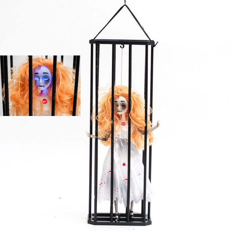 Caged Ghost Pendant with LED – Halloween Hanging Decoration, Funny Prank Prop with Tiny Skeleton Inside Cage for Haunted House