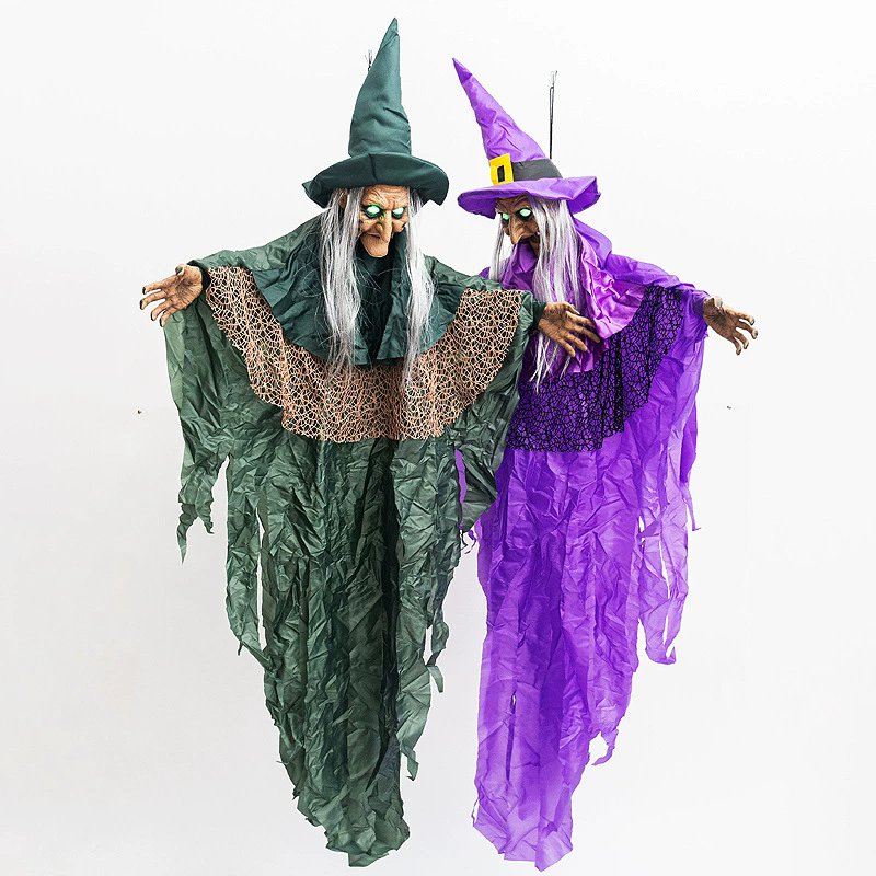 Sound Activated Hanging Witch Prop - Motion Sensor Talking & Light Up Ghost Decoration for Haunted House, Indoor/Outdoor Halloween Decor