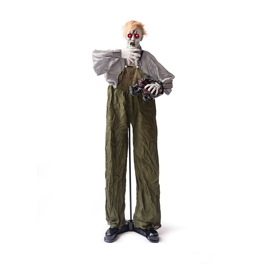 1.9m Large Animated Zombie in Overalls for Haunted House Outdoor Decoration – Motion Activated Halloween Prop