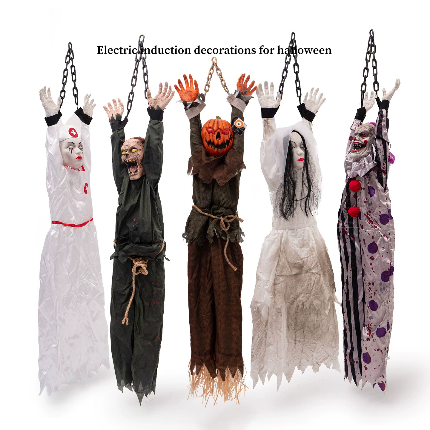 Motion-Activated Halloween Animatronics – Bound-Hand Shaking Clown, Pumpkin, Zombie, Nurse & Hanging Ghost Props
