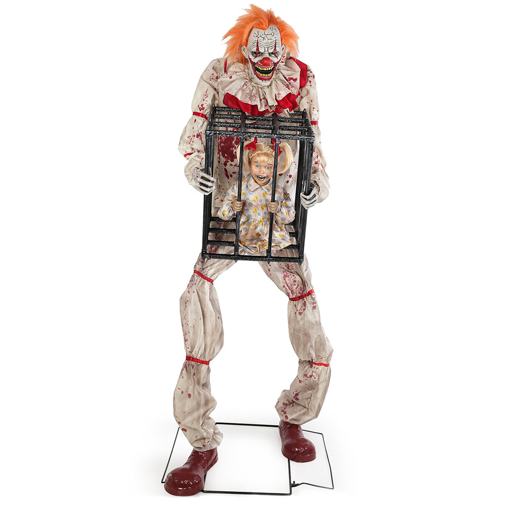 Large Motion-Activated Clown with Cage – Electric Halloween Animatronic Prop for Haunted House Decor