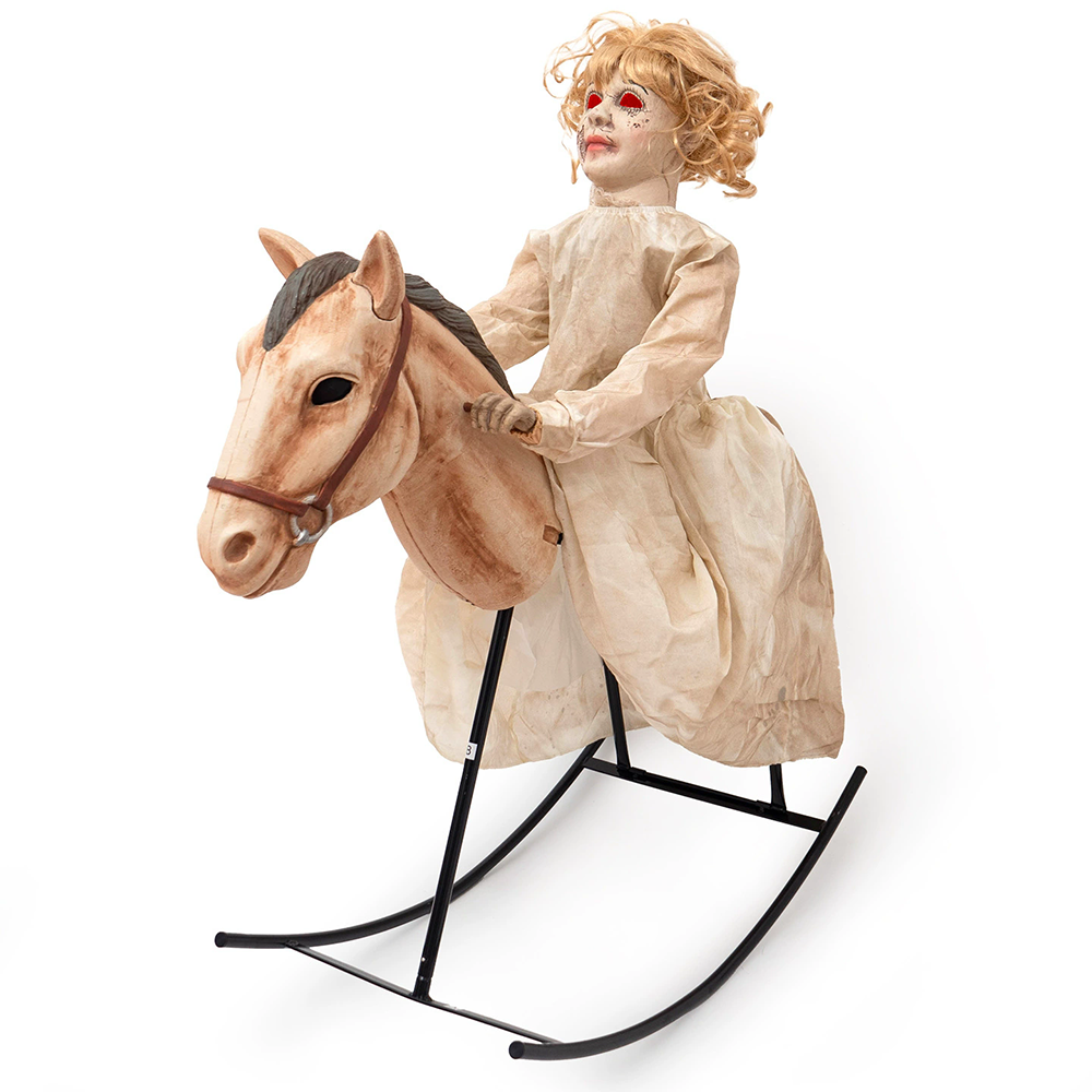 Electric Animatronic Little Girl on Rocking Horse – Haunted House, Escape Room & Bar Halloween Decoration Prop