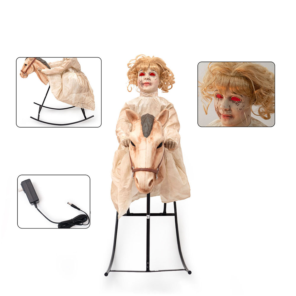 Electric Animatronic Little Girl on Rocking Horse – Haunted House, Escape Room & Bar Halloween Decoration Prop