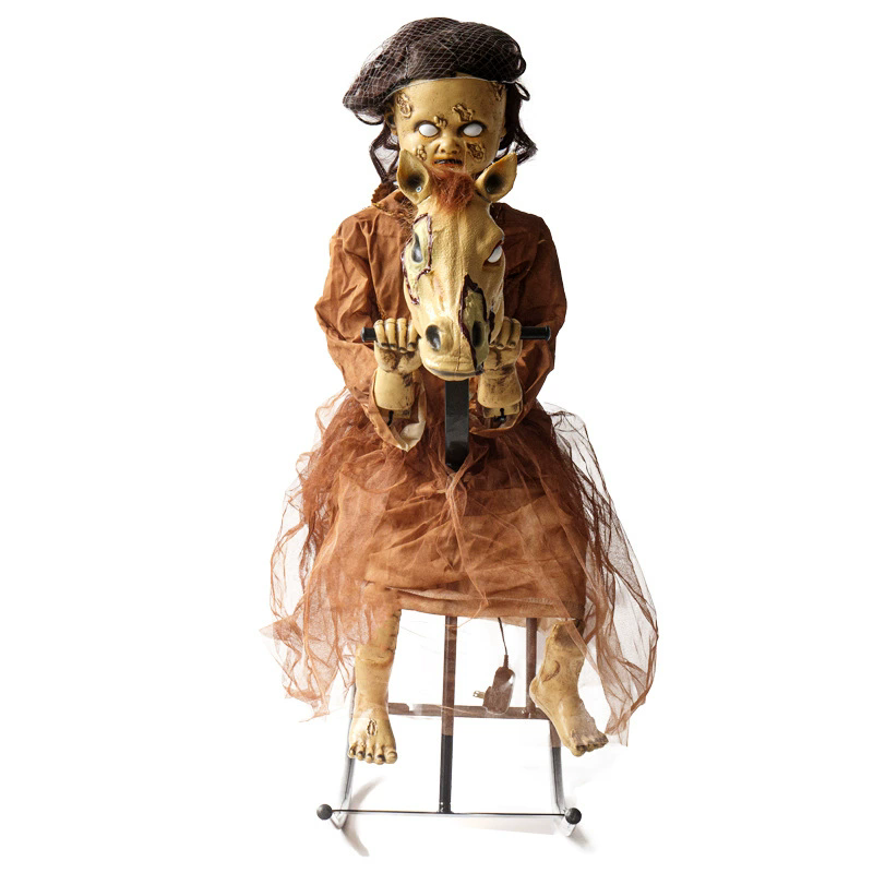 Standing Electric Animatronic Little Girl with Rocking Horse – Haunted House, Escape Room & Themed Bar Decoration Prop