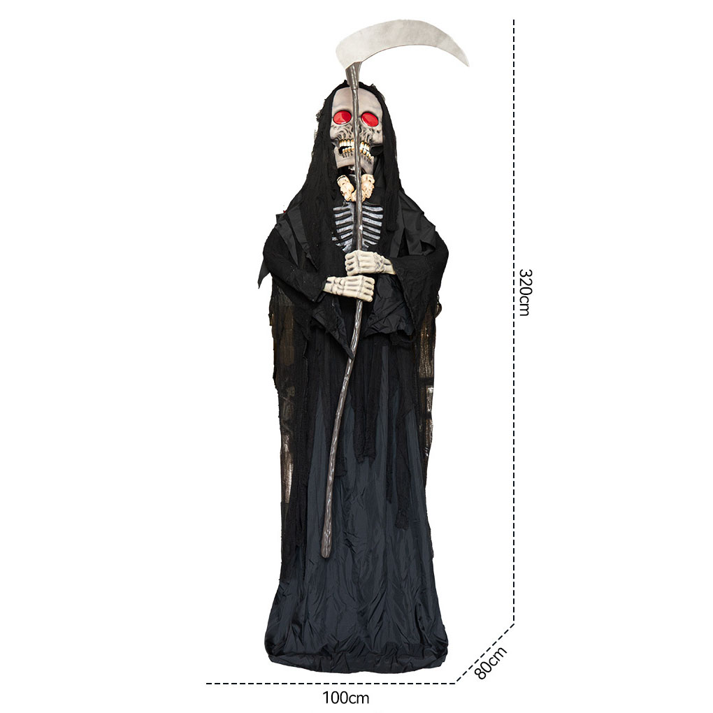 3.2m Tall Standing Grim Reaper with Scythe – Giant Halloween Skeleton Animatronic Prop for Haunted House & Yard Decor