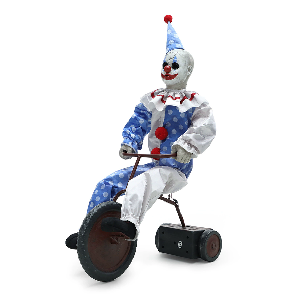 Animated Clown on a Bike with Motion Sensor – Electric Light-Up Halloween Decoration Prop for Haunted House, Escape Room & Party