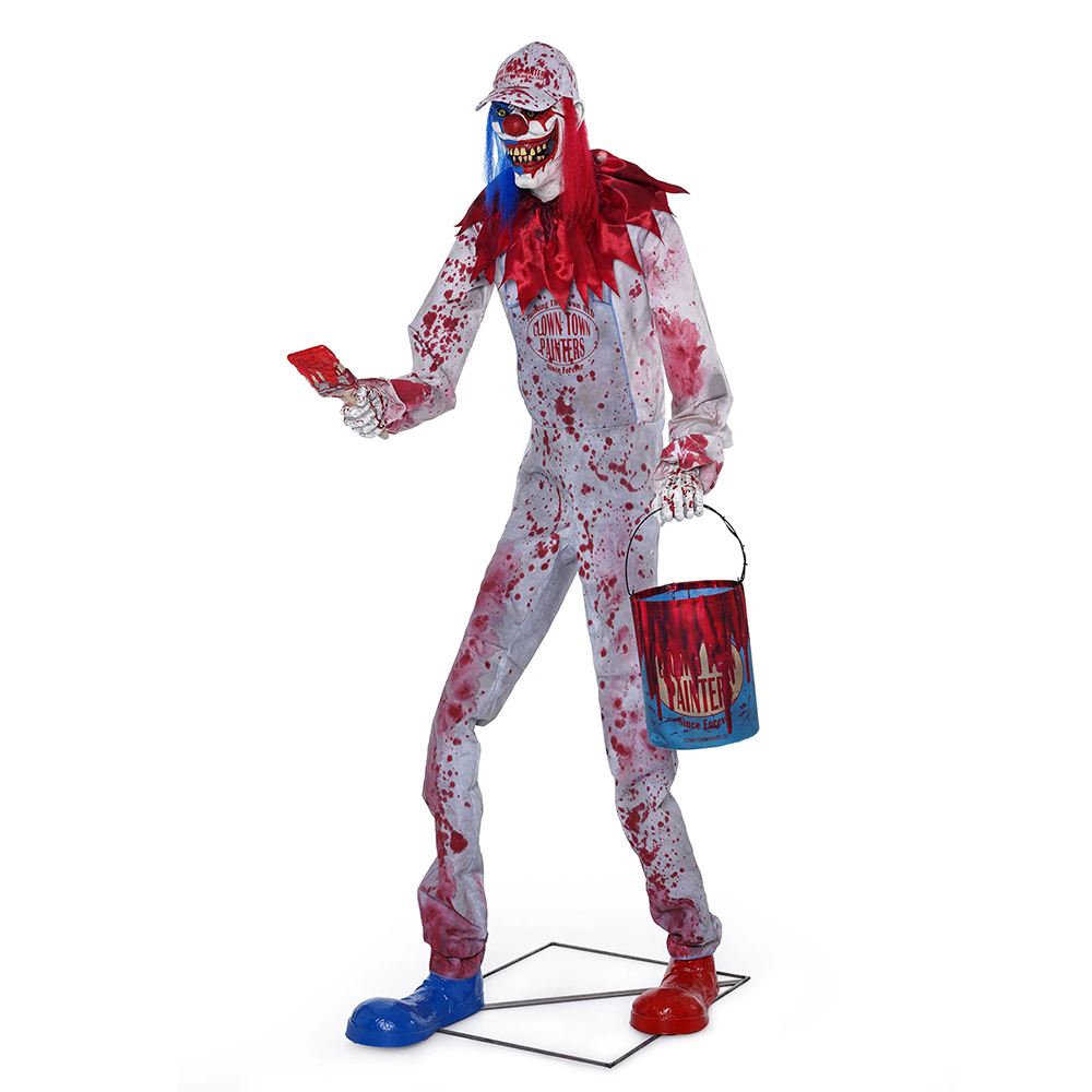 Creepy Clown Holding a Paint Bucket – Electric Motion Sensor Halloween Decoration Prop for Haunted House, Escape Room & Yard
