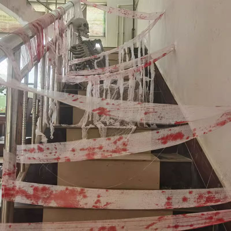 Blood Splattered Cheesecloth Fabric – Aged Red Stained Gauze Roll for Halloween Party Prop, Horror Scene Decoration