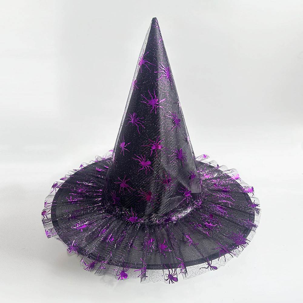 Full Color Printed Netting Witch Hat – Colorful Patterned Tulle Wizard Cap for Adults, Kids, Halloween Party