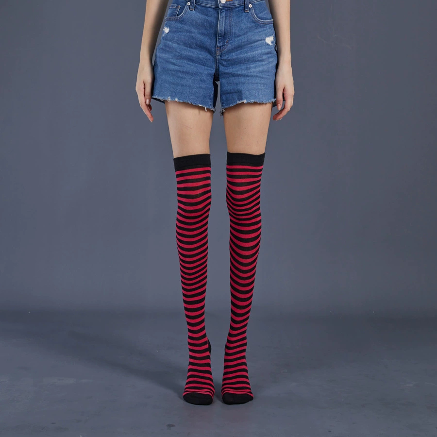 Thin Striped Thigh Highs – Fine Line Horizontal Stripe Over Knee Socks for Women Halloween Party