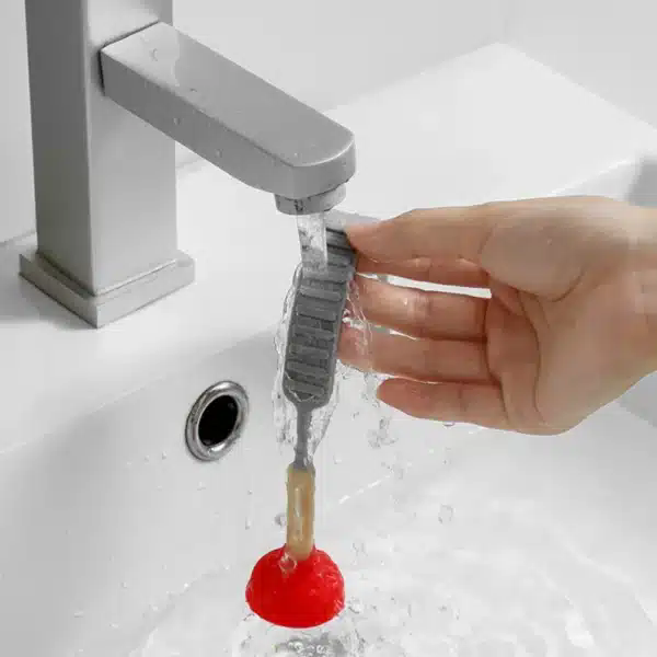close-up stretch ribbed silicone strap wooden handle mini plunger grip detail