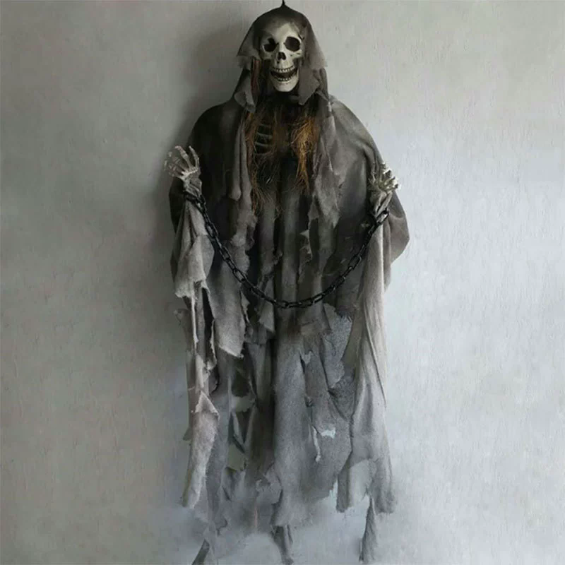 Hanging Skeleton Ghost – Creepy Skull Ghost with Tattered Robe & Chain for Haunted House & Halloween Yard Decor