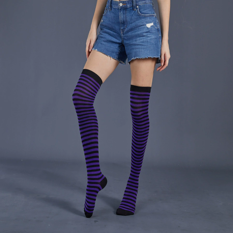 Thin Striped Thigh Highs – Fine Line Horizontal Stripe Over Knee Socks for Women Halloween Party