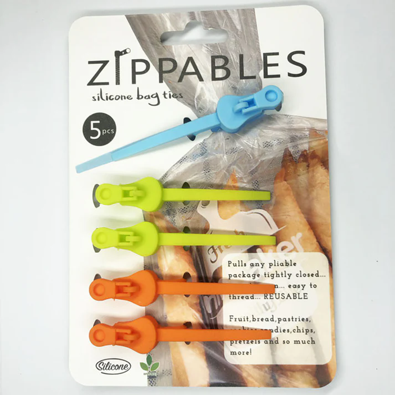 5 pack multicolor Zippables slide zip silicone food bag sealing ties white retail hang display card