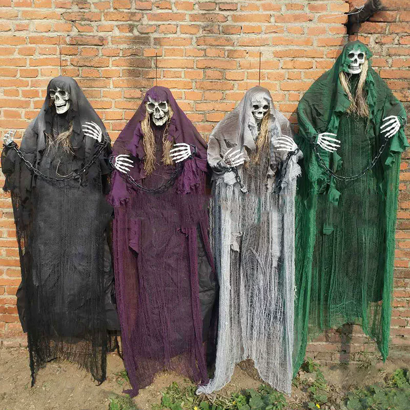 Hanging Skeleton Ghost – Creepy Skull Ghost with Tattered Robe & Chain for Haunted House & Halloween Yard Decor