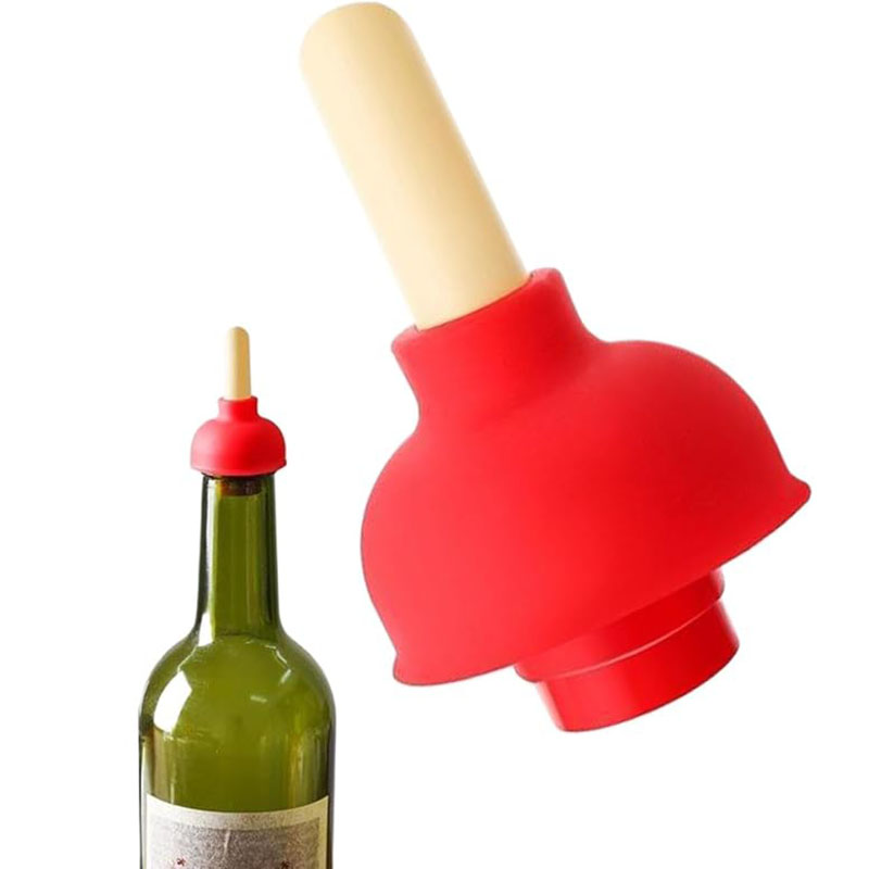 red plunger wine stopper mounted on green wine bottle home prank bar display