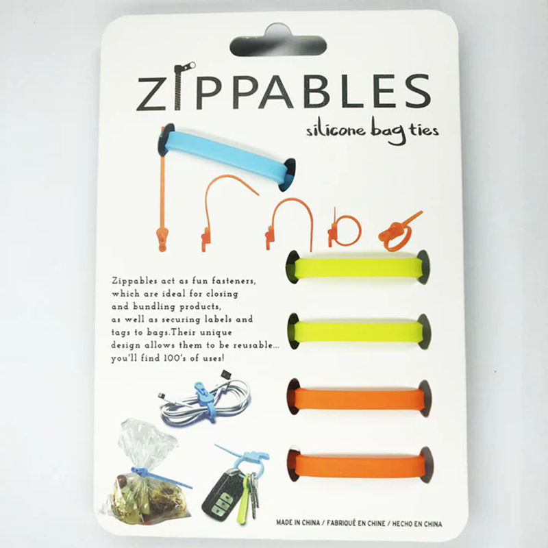 full white hang card packaging of five multicolor silicone zip bag ties