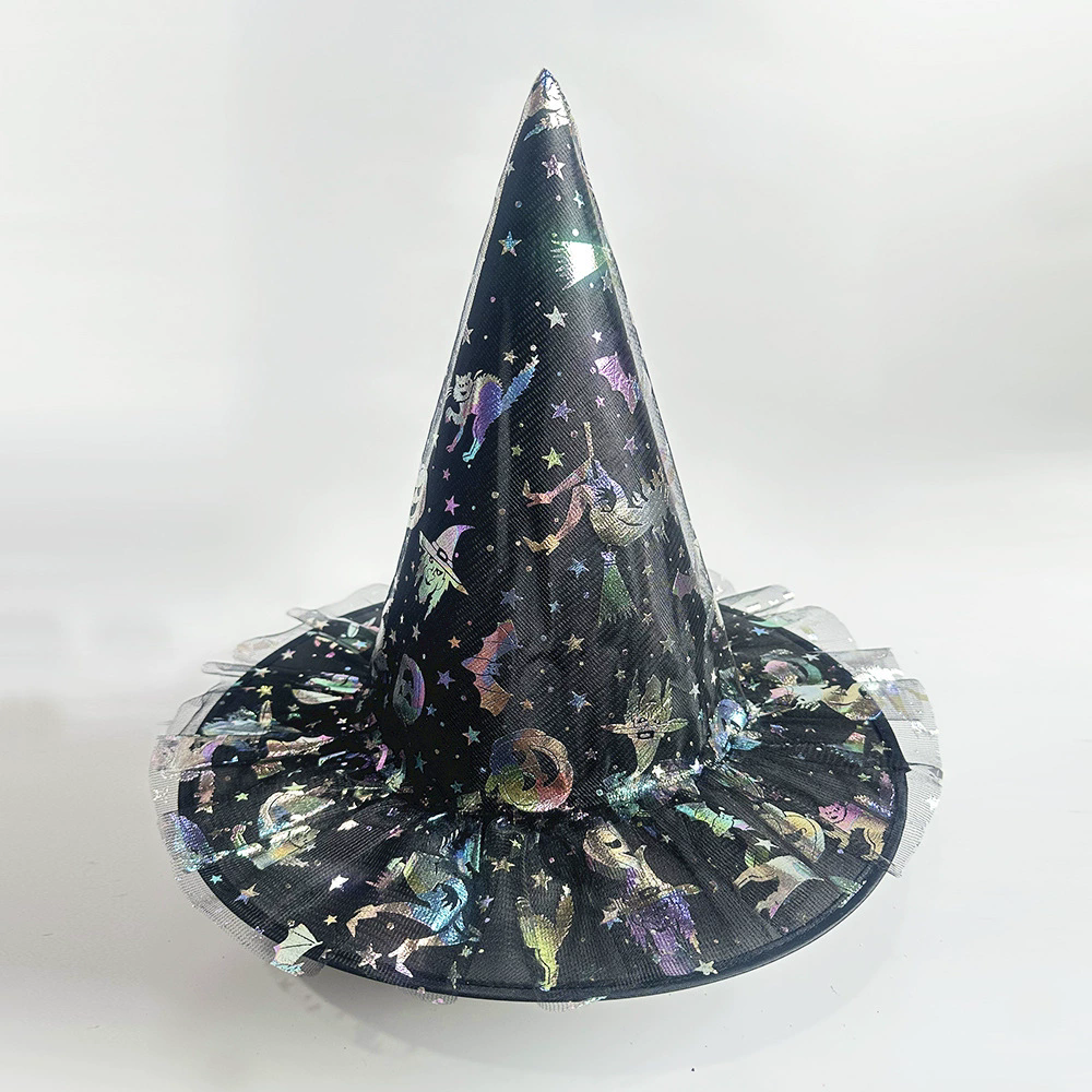 Full Color Printed Netting Witch Hat – Colorful Patterned Tulle Wizard Cap for Adults, Kids, Halloween Party