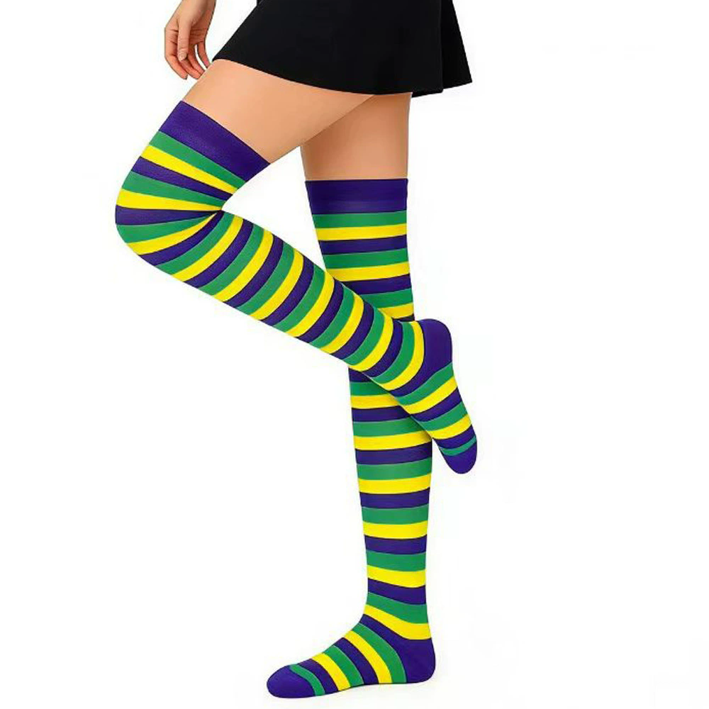 Thin Striped Thigh Highs – Fine Line Horizontal Stripe Over Knee Socks for Women Halloween Party