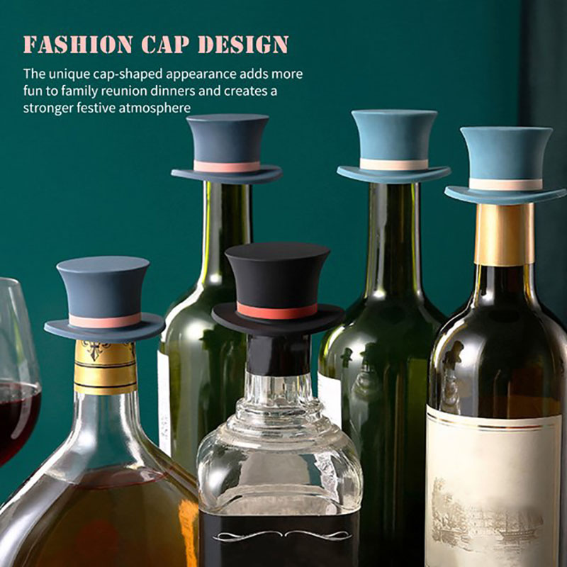 multicolor ribbon trim gentleman top hat food grade silicone wine bottle stopper formal dinner bar scene product shot