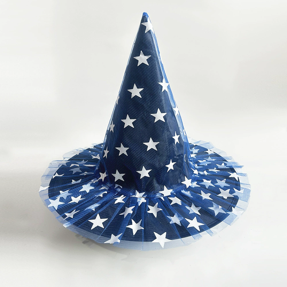 Full Color Printed Netting Witch Hat – Colorful Patterned Tulle Wizard Cap for Adults, Kids, Halloween Party
