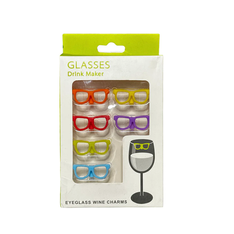 6 pack multicolor mini eyeglass silicone wine glass charms white green retail hang display card