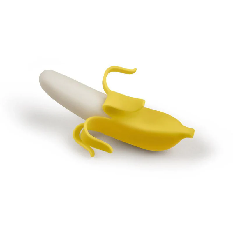 two-tone peeled banana shaped food grade threaded silicone wine bottle stopper pure white background product shot