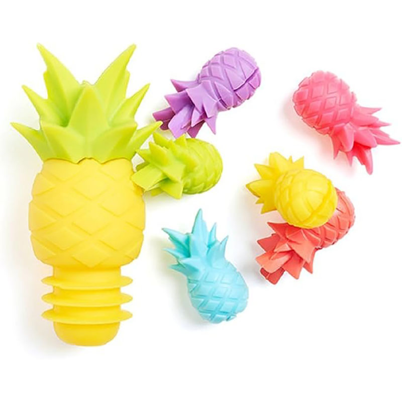bright yellow embossed pineapple food grade threaded silicone wine bottle stopper pure white background product shot