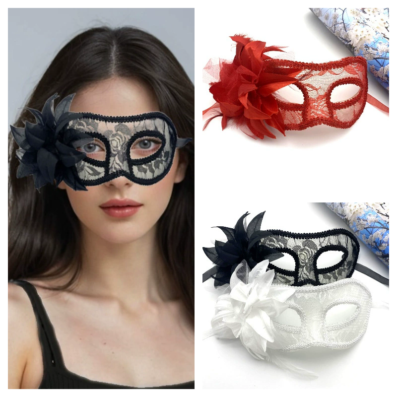 Venetian Masquerade Mask – Mesh & Lace Half Face Mask with Flower for Women, Romantic Venice Ball Party & Halloween Costume