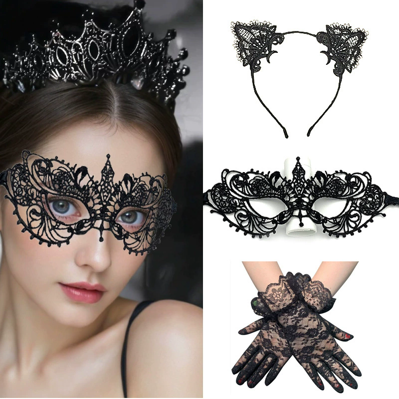Lace Cat Mask Set – Masquerade Eye Mask with Gloves & Cat Ear Headband for Women, Cute Kitty Costume for Halloween & Fancy Dress